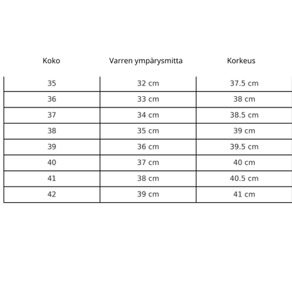 572-naisten nahkasaappaiden kokotaulukko