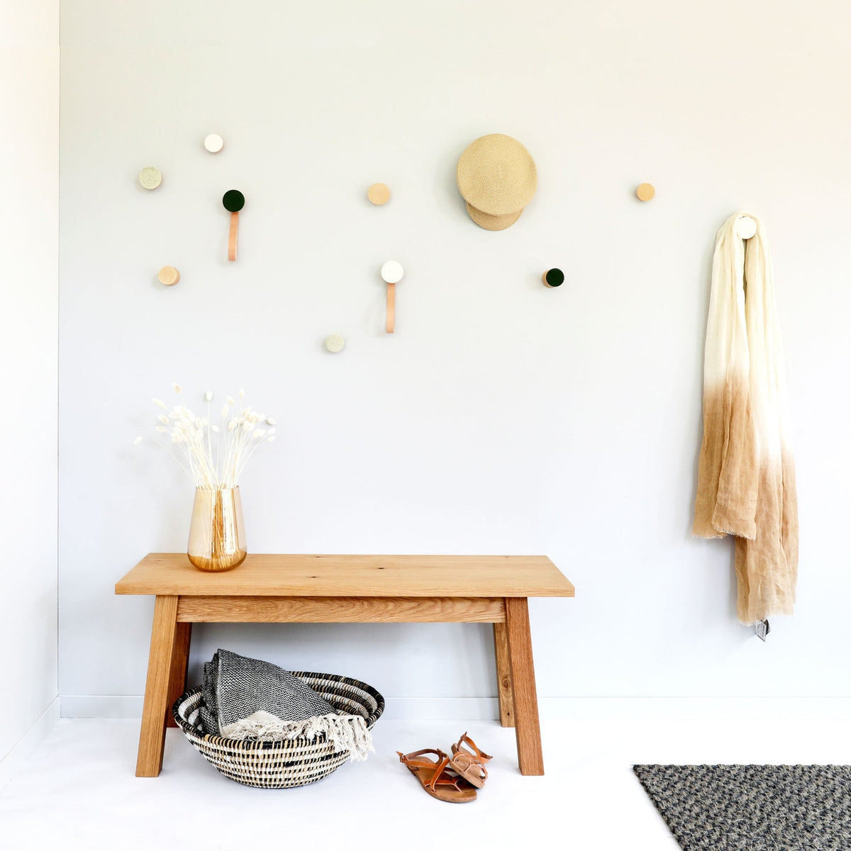 Beech Wood & Ceramic Wall Hook / Knob - White Sand