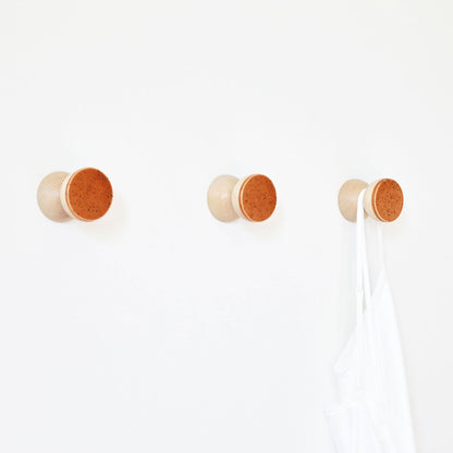 Beech Wood & Ceramic Wall Hook / Knob - Terracotta Orange Specks