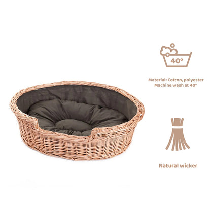 Esmira Natural Wicker Dog Bed With Brown Dot Cushion, 85x67 cm