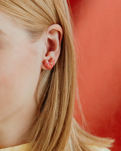 Dotted Porcelain Heart Studs -  Pink