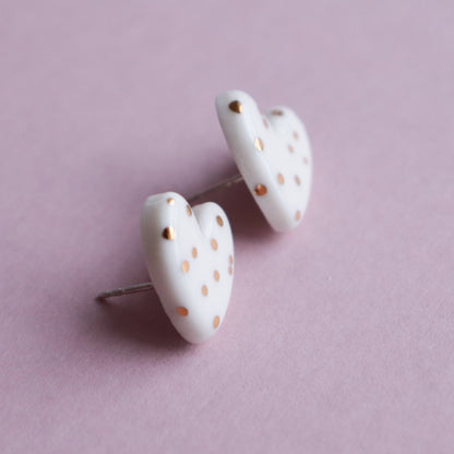 Dotted Porcelain Heart Studs -  White