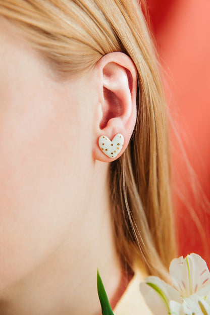 Dotted Porcelain Heart Studs -  White