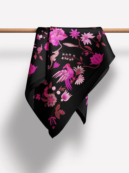 Unimoon Silk Scarf 63 × 63 cm – Black and Pink Floral